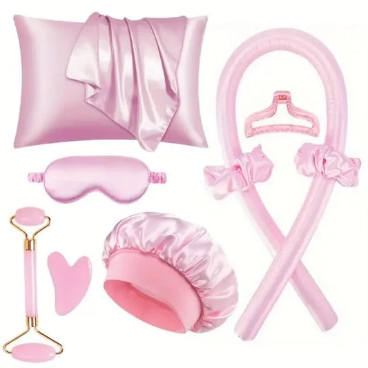 9PCS Satin Beauty Sleep Set with Pillowcase, Hair Curler, Bonnet, Eye Mask, Face Roller, Gua Sha  Self-Care Night Essentials Kit
