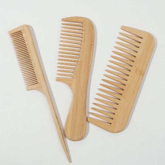 3pcs Natural Handmade Bamboo Comb Set,  anti-static - Wide, Rat Tail, and Fine Tooth Styles - Suitable for All Hair Types.