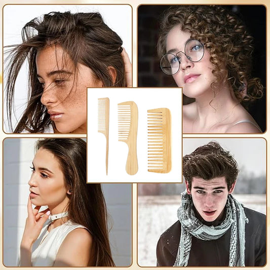3pcs Natural Handmade Bamboo Comb Set,  anti-static - Wide, Rat Tail, and Fine Tooth Styles - Suitable for All Hair Types.