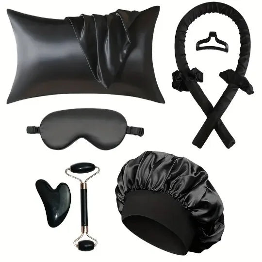 9PCS Satin Beauty Sleep Set with Pillowcase, Hair Curler, Bonnet, Eye Mask, Face Roller, Gua Sha  Self-Care Night Essentials Kit