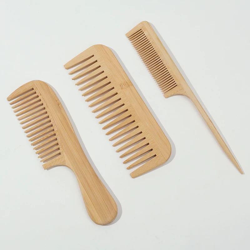3pcs Natural Handmade Bamboo Comb Set,  anti-static - Wide, Rat Tail, and Fine Tooth Styles - Suitable for All Hair Types.