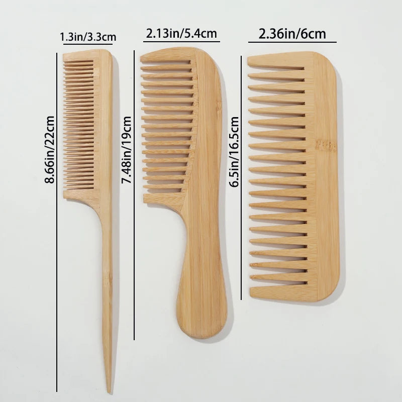 3pcs Natural Handmade Bamboo Comb Set,  anti-static - Wide, Rat Tail, and Fine Tooth Styles - Suitable for All Hair Types.