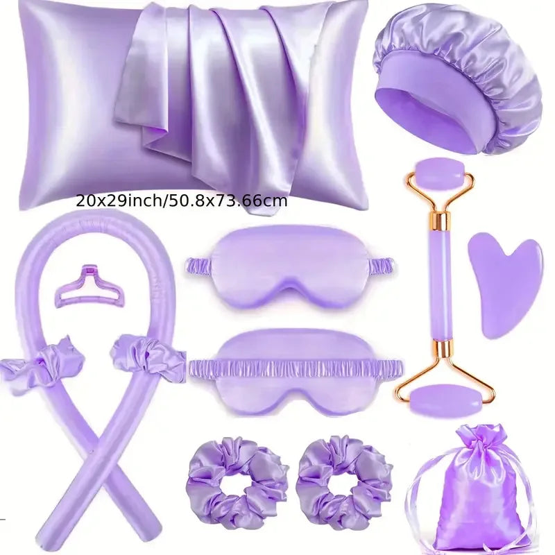 9PCS Satin Beauty Sleep Set with Pillowcase, Hair Curler, Bonnet, Eye Mask, Face Roller, Gua Sha  Self-Care Night Essentials Kit